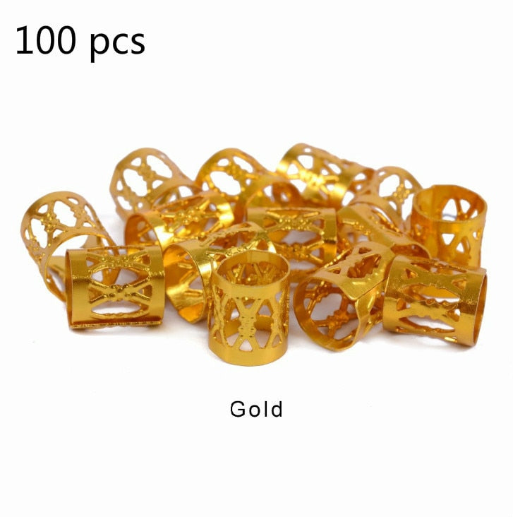 50-200 PCS African Hair Rings Cuffs Tubes Charms Jewelry Gold Silver Beads
