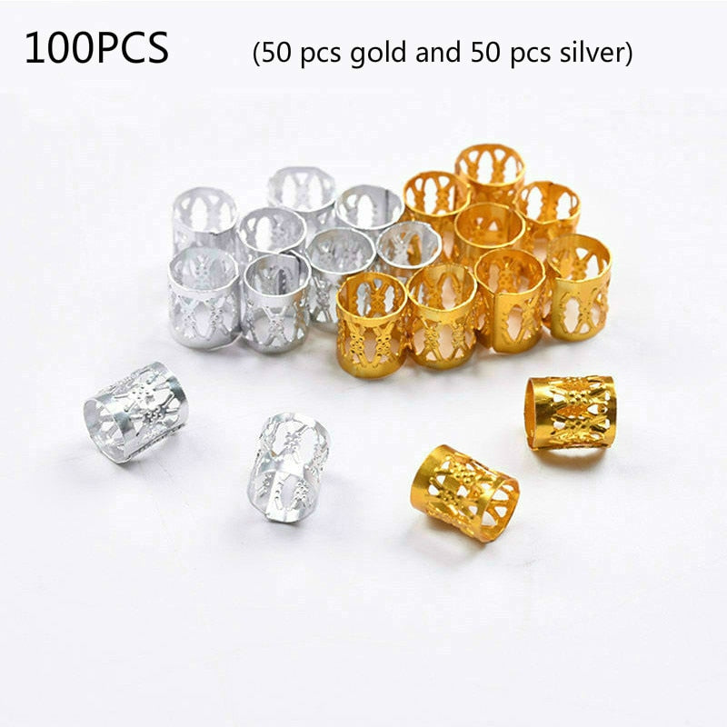 50-200 PCS African Hair Rings Cuffs Tubes Charms Jewelry Gold Silver Beads