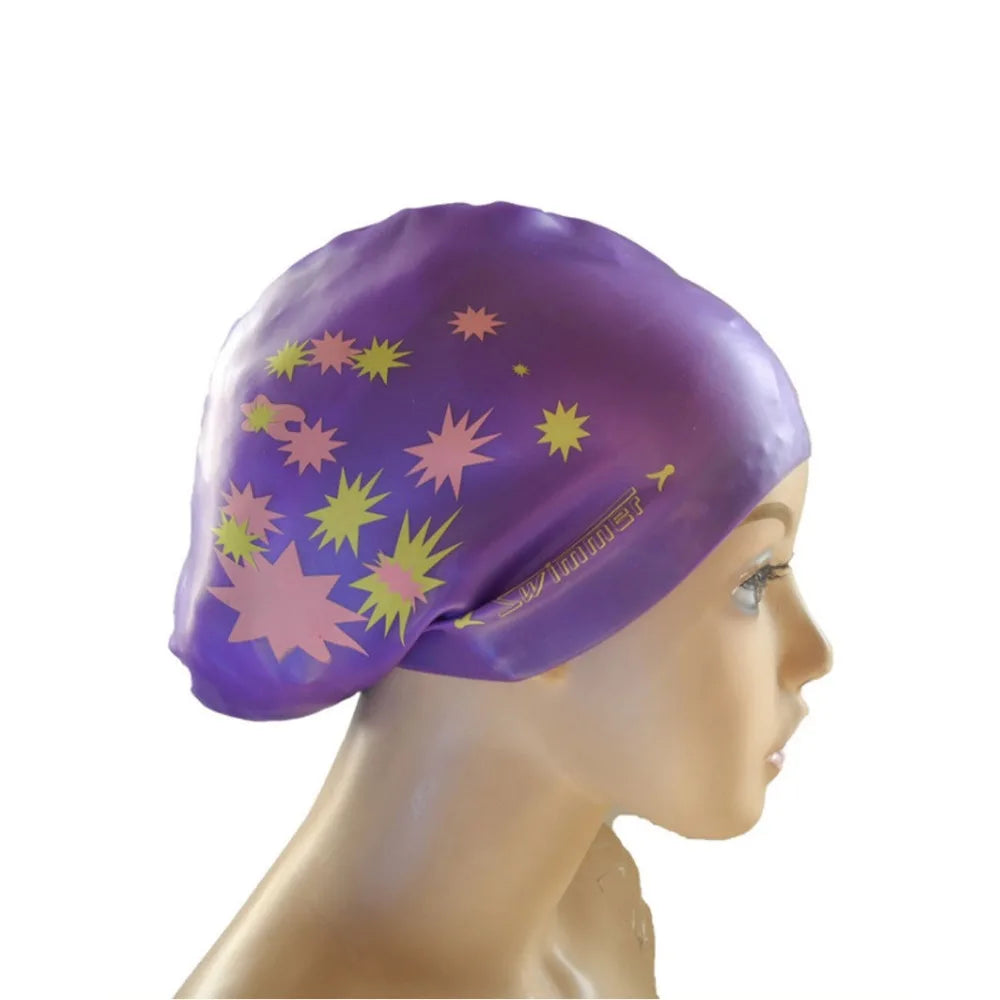 New Silica Gel Long Hair Swimming Cap Star Pattern Large Size Silicone Swimming Cap Elastic Waterproof Swim Gear Adult